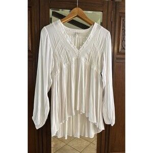 Cato White Gauze Peasant Blouse Long Sleeve Boho Lace Crochet Tunic Top Size L
